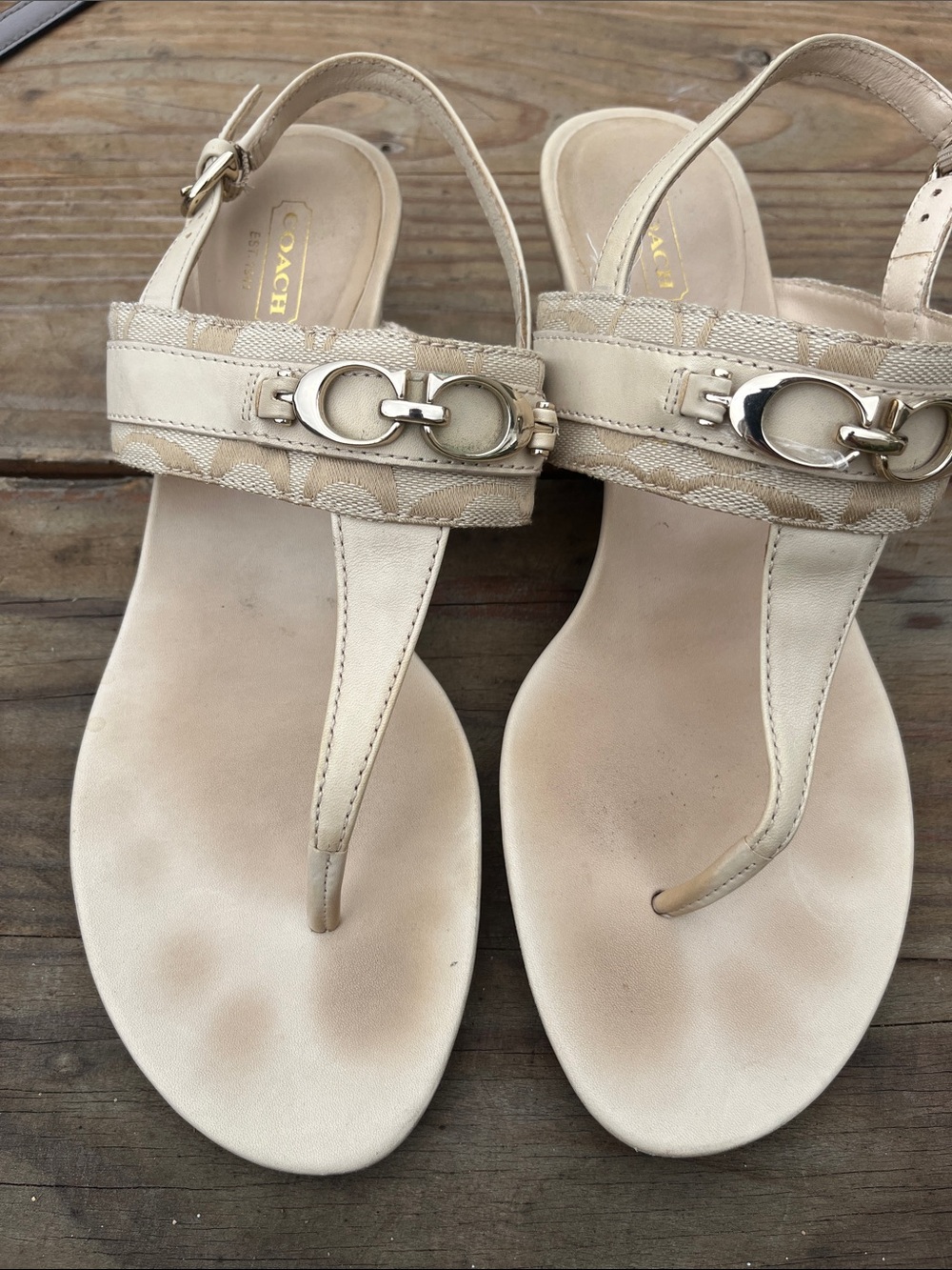 Coach Beige Signature T-Strap Sandals with Gold Hardware